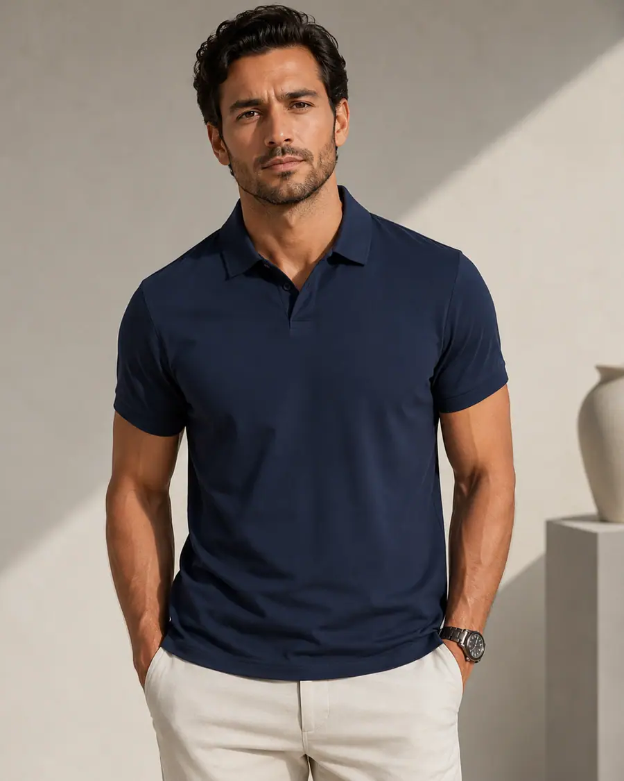 Man wearing The Breeze open-collar polo in Midnight navy