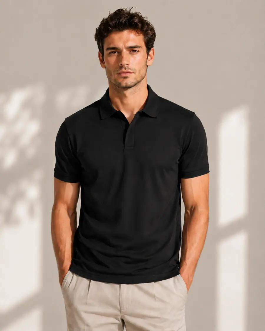 Man wearing The Breeze open-collar polo in Obsidian black