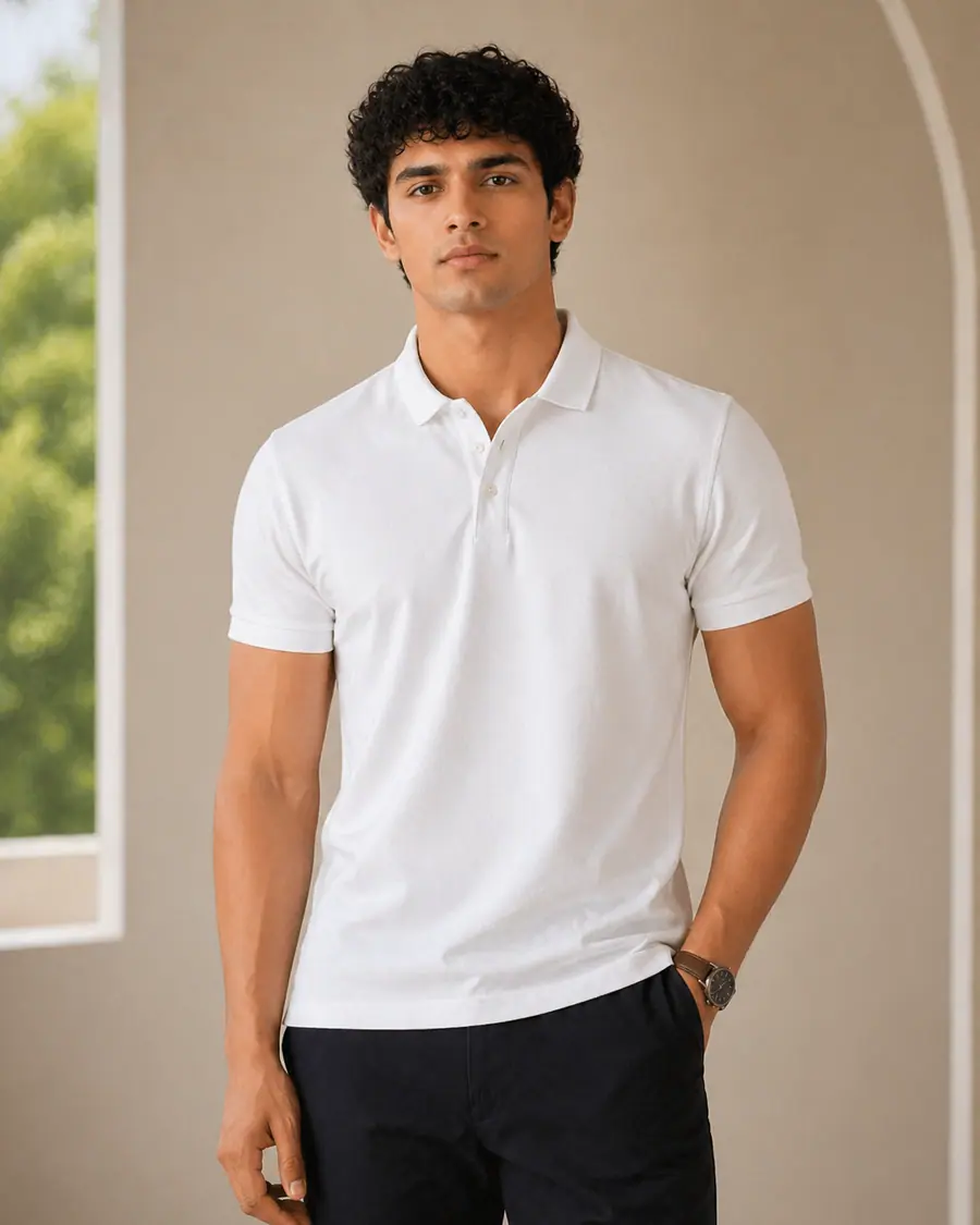 Man wearing The Signature polo in Glacier white, front view