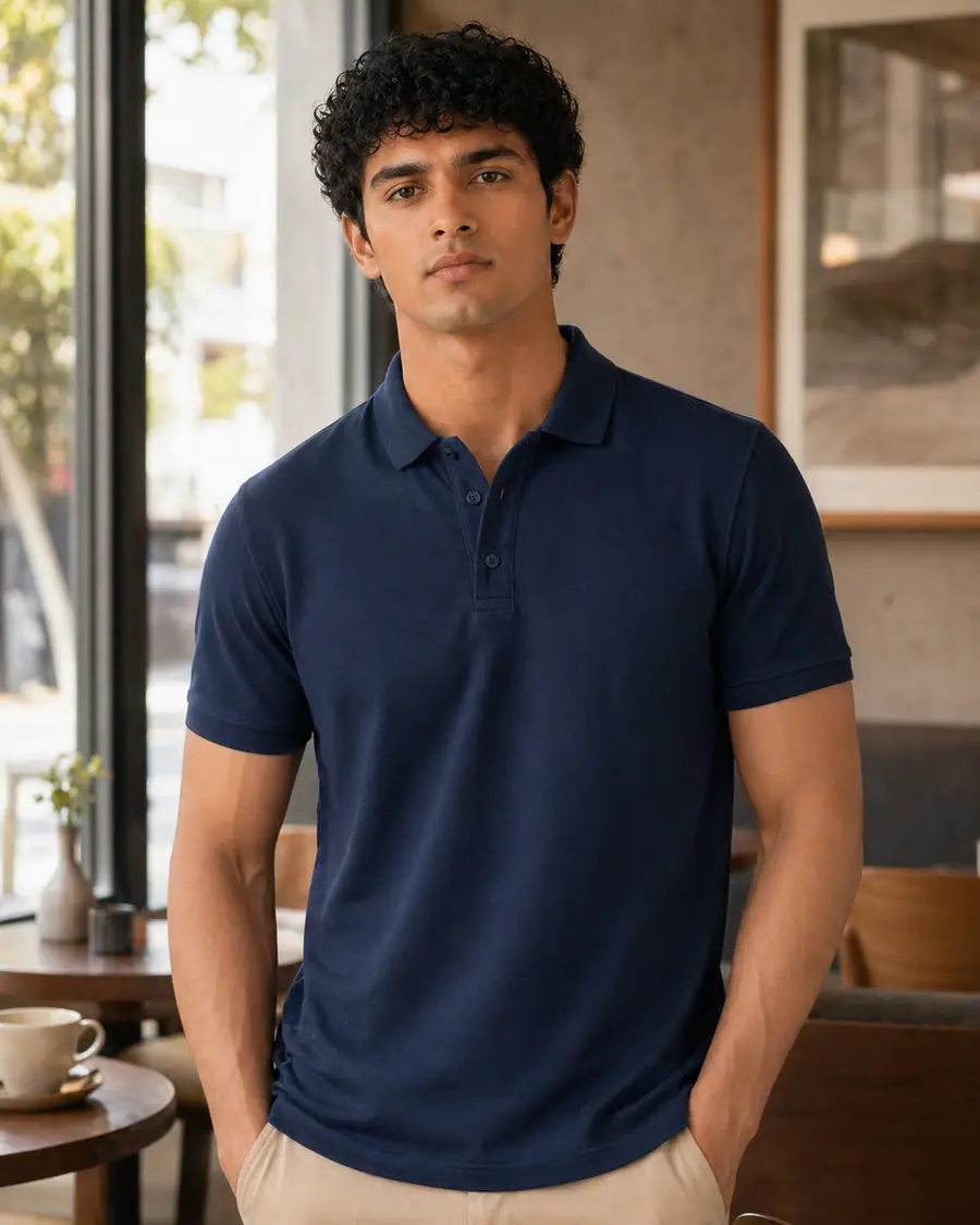 Man wearing The Signature polo in Midnight navy, front view