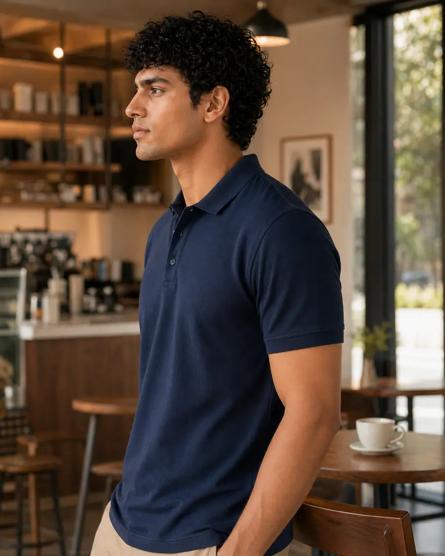 The Signature polo in Midnight navy, side view