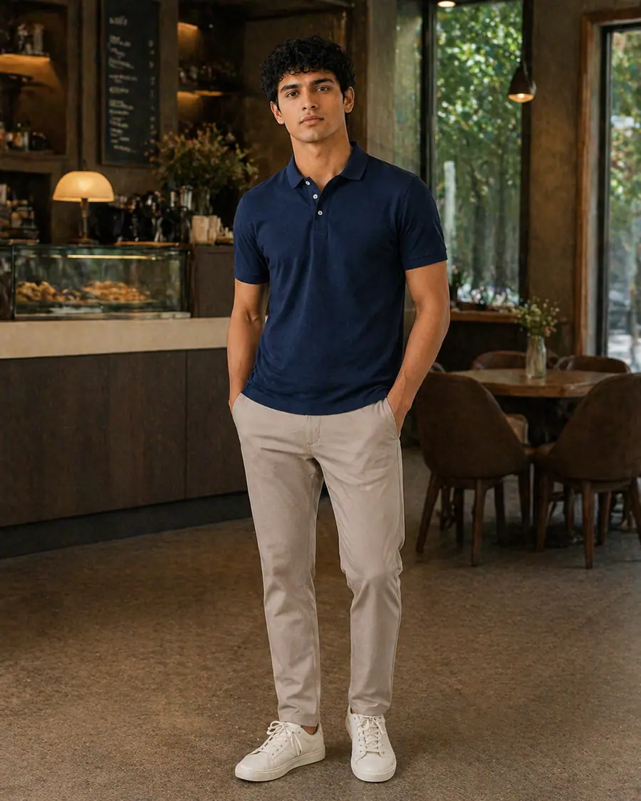 Full-length look: The Signature in Midnight navy with stone chinos