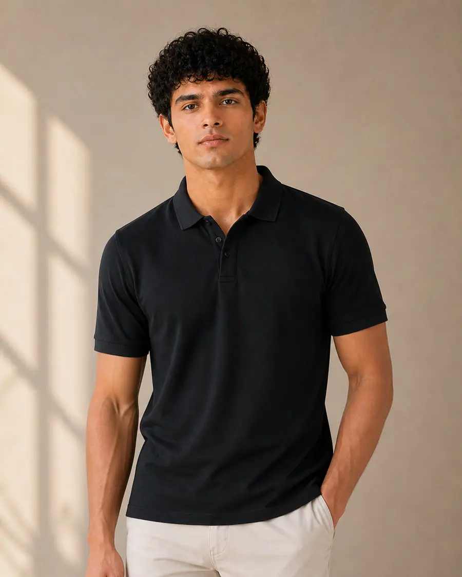 Man wearing The Signature polo in Obsidian black, front view